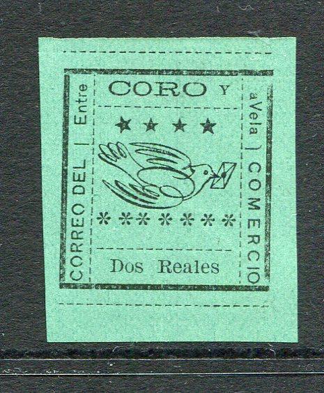 VENEZUELA - 1889 - LOCAL ISSUE - CORO Y LA VELA: 2r black on green local issue for 'CORO Y LA VELA' rouletted in black. A fine unused copy. (Hurt & Williams #9)  (VEN/25762)