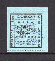 VENEZUELA - 1889 - LOCAL ISSUE - CORO Y LA VELA: 4r black on pale blue local issue for 'CORO Y LA VELA' rouletted in black. A fine used copy with light 'ANOTADA CORREO DEL KOMERCIO marking in purple. (Hurt & Williams #11)  (VEN/25766)