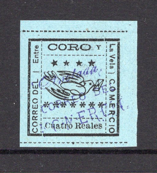 VENEZUELA - 1889 - LOCAL ISSUE - CORO Y LA VELA: 4r black on pale blue local issue for 'CORO Y LA VELA' rouletted in black. A fine used copy with light 'ANOTADA CORREO DEL KOMERCIO marking in purple. (Hurt & Williams #11)  (VEN/25766)