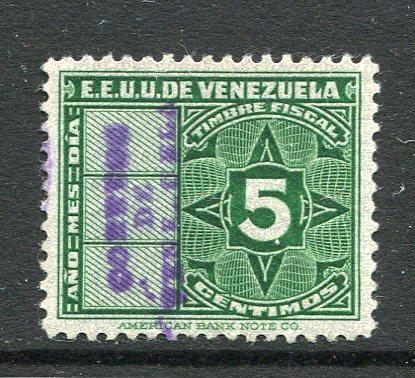 VENEZUELA - 1947 - PROVISIONAL ISSUES: 5c green REVENUE issue with small 'CORREOS DE VENEZUELA' handstamp in purple. Fine unused. (SG 774)  (VEN/26184)