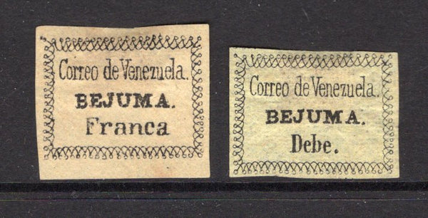 VENEZUELA - 1854 - BEJUMA LOCAL ISSUE: Black on yellow 'BEJUMA Debe' and 'BEJUMA Franca' LOCAL issues imperf unused with fine good to large margins, fine for this issue. These were actually the first stamps issued in Venezuela. Scarce. (Hurt & Williams # 1/2)  (VEN/26296)