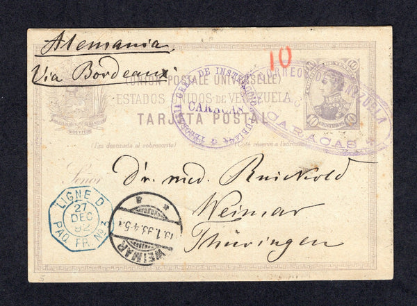 VENEZUELA - 1892 - POSTAL STATIONERY: 10c ultramarine on pale bluish postal stationery card (H&G 5) with 'with 'TESORERIA GRAL DE INSTRUCCION PUBLICA CARACAS' control mark used with large oval CARACAS cancel. Addressed to GERMANY with good strike of octagonal 'LIGNE D PAQ FR. No. 3' French maritime 'Ship' marking in blue with arrival cds all on front.  (VEN/26895)