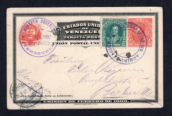 VENEZUELA - 1907 - CANCELLATION: 10c red postal stationery card (H&G 10a) used with added 1904 5c green (SG 311) tied by fine strike of large undated ADMINISTRACION DE CORREOS RIO CHICO cds in purple. Addressed to GERMANY with arrival cds on front. A scarce cancellation.  (VEN/26896)