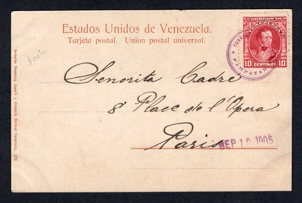 VENEZUELA - 1905 - CANCELLATION & ISLAND MAIL: Colour PPC 'Saludo de Caracas El Puente de Hierro' franked on message side with 1904 10c carmine (SG 312) tied by fine strike of small undated CORREOS DE VENEZUELA PAMPATAR cancel in purple with 'SEP 12 1905' datestamp alongside. Addressed to FRANCE. Pampartar was a small P.O. on the Island of Marguerita. A rare marking  (VEN/26906)
