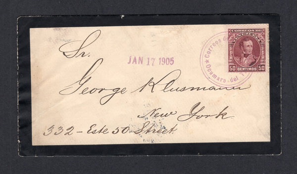 VENEZUELA - 1905 - CANCELLATION: Mourning cover franked with single 1904 50c claret (SG 315) tied by fine strike of undated CORREOS DE VENEZUELA OCUMARE DEL TUY circular cancel with 'JAN 17 1905' handstruck date alongside. Addressed to USA with arrival marks on reverse. Scarcer origination.  (VEN/27216)