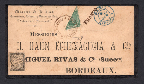 VENEZUELA - 1893 - PROVISIONAL ISSUE & BISECT: Mourning cover franked with diagonally BISECTED 1882 50c green (SG 122a) tied by undated CORREOS DE VENEZUELA PUERTO CABELLO 'Star' cancel in black with straight line 'FRANCO' marking alongside. Addressed to FRANCE, taxed on arrival with small 'T' in triangle marking and added 1881 50c black 'Postage Due' issue (SG D289) tied by indistinct cds. Additional transit & arrival marks on reverse. Rare cover. 2021 Pedro Meri certificate accompanies.  (VEN/31003)