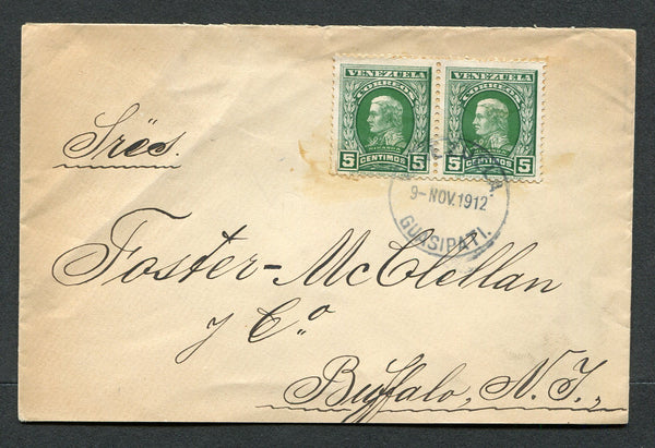 VENEZUELA - 1912 - CANCELLATION: Cover franked with pair 1911 5c green & deep green (SG 334) tied by fine strike of GUASIPATI cds dated 9 NOV 112. Addressed to USA.  (VEN/31013)