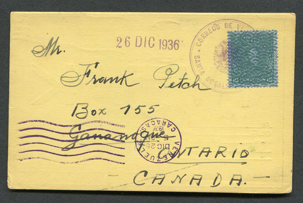 VENEZUELA - 1936 - CANCELLATION: HAM Radio postcard franked with 1932 10c blue green (SG 416) tied by large undated SANT ROSALIA 'Arms' cancel in purple with '26 DEC 1936' datestamp alongside. Addressed to CANADA with transit & arrival marks on front & reverse.  (VEN/31015)