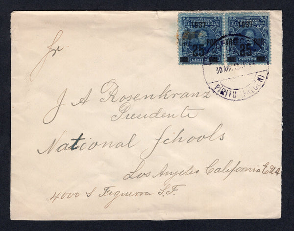VENEZUELA - 1938 - CANCELLATION: Cover franked with pair 1937 25c on 40c deep blue (SG 461, one stamp damaged) tied by PIRITU (FALCON) cds dated 30 AUG 1938. Addressed to USA.  (VEN/31018)
