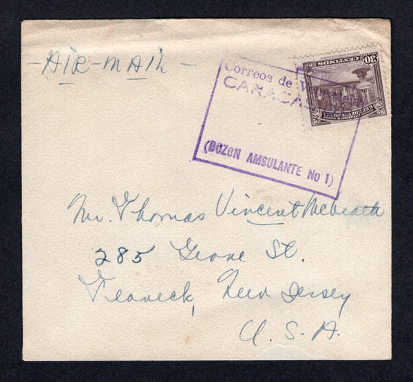VENEZUELA - 1948 - TRAVELLING POST OFFICES: Circa 1948. Cover franked with 1947 30c brown purple (SG 744) tied by fine strike of boxed CARACAS D.F. (BUZON AMBULANTE No.1) cancel in purple. Sent airmail to USA.  (VEN/31026)