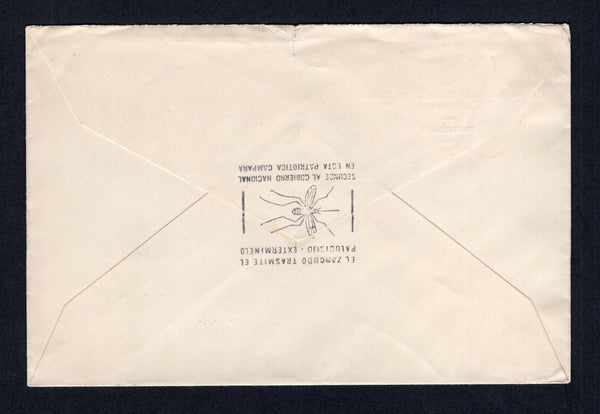 VENEZUELA - 1934 - ANTI MALARIA CACHET & OFFICIAL MAIL: Printed 'El Administrador Principal de Correos de Maracaibo PARTICULAR' cover franked with 1932 25c scarlet (SG 419) tied by boxed MARACAIBO cancel dated MAR 20 1934. Addressed to USA with fine strike of boxed 'EL ZANCUDO TRASMITE EL PALUDISMO EXTERMINELO SECUNDE AL GOBIERNO NACIONAL EN ESTA PATRIOTICA CAMPANA' illustrated Mosquito Eradication cachet in black on reverse.  (VEN/31031)