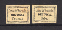 VENEZUELA - 1854 - BEJUMA LOCAL ISSUE: Black on yellow 'BEJUMA Debe' and 'BEJUMA Franca' LOCAL issues imperf unused with fine good to large margins, fine for this issue. These were actually the first stamps issued in Venezuela. Scarce. (Hurt & Williams # 1/2)  (VEN/31035)