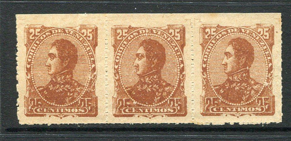VENEZUELA - 1887 - LITHO ISSUE: 25c yellow brown LITHO issue rouletted 8, a fine mint top marginal strip of three with full gum. A very scarce issue in multiples. (SG 131)  (VEN/31047)