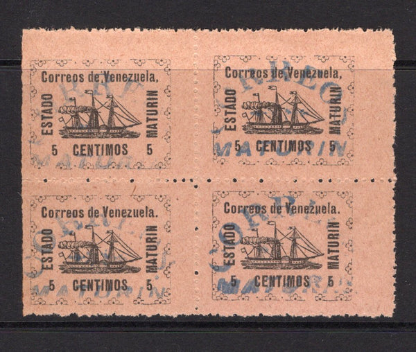 VENEZUELA - 1903 - CIVIL WAR ISSUES - MATURIN: 5c black on pink 'MATURIN' Ship issue with 'CORREOS MATURIN' handstamp in blue. A genuine mint block of four with gum. (See note below SG 300).  (VEN/31058)
