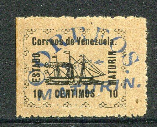 VENEZUELA - 1903 - CIVIL WAR ISSUES - MATURIN: 10c black on bluish green 'MATURIN' Ship issue with 'CORREOS MATURIN' handstamp in blue. A genuine mint copy with gum. (See note below SG 300).  (VEN/31061)