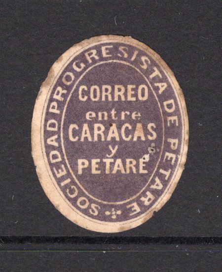 VENEZUELA - 1876 - LOCAL ISSUE - PETARE: Black on lilac 'Petare' local issue inscribed 'SOCIEDAD PROGRESISTA DE PETARE CORREO ENTRE CARACAS Y PETARE'. An unused example with faults & some staining, however an exceptional rarity of Venezuelan philately. Fewer than ten genuine copies are known. 2017 B Moorhouse certificate accompanies. (Hurt & Williams #1, Valera #3)  (VEN/31104)
