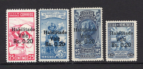 VENEZUELA - 1943 - PROVISIONAL ISSUE: 20c on 25c cerise, 20c on 25c pale blue, 20c on 25c blue and 20c on 25c blue 'Surcharge' issue the set of four fine mint. (SG 654/657)  (VEN/31169)