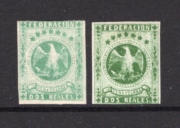 VENEZUELA - 1863 - CLASSIC ISSUES: 2r green and 2r deep yellow green 'Eagle' issue both shades fine mint with gum and both with four margins. (SG 20 & 20a)  (VEN/31460)