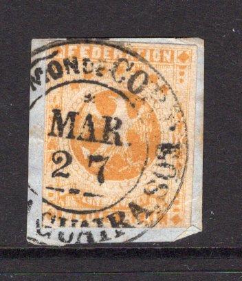 VENEZUELA - 1863 - CLASSIC ISSUES: ½r yellow 'Eagle' issue, a fine used four margin copy tied on small piece by LA GUAIRA cds dated MAR 27. (SG 18)  (VEN/31466)