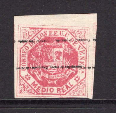 VENEZUELA - 1873 - CLASSIC ISSUES: ½r carmine rose with 'Estampillas de correo - Contrasena' overprint inverted (Fourth Rasco printing). A fine mint four margin copy with full O.G. Tight to touching at bottom right corner. (SG 81a)  (VEN/31476)