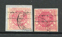 VENEZUELA - 1873 - CLASSIC ISSUES: ½r rose pink two shades one deep and one pale with 'Contrasena - Estampillas de Correo' overprint inverted (Second Rasco printing). Both fine used copies tied on small piece by cds cancels. (SG 76a)  (VEN/31480)