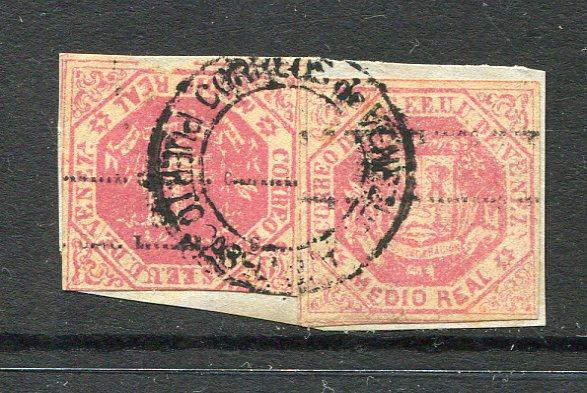 VENEZUELA - 1873 - CLASSIC ISSUES: ½r rose pink with 'Contrasena - Estampillas de Correo' overprint inverted (Second Rasco printing), two copies with varied margins tied on piece by PUERTO CABELLO cds cancel. (SG 76a)  (VEN/31484)