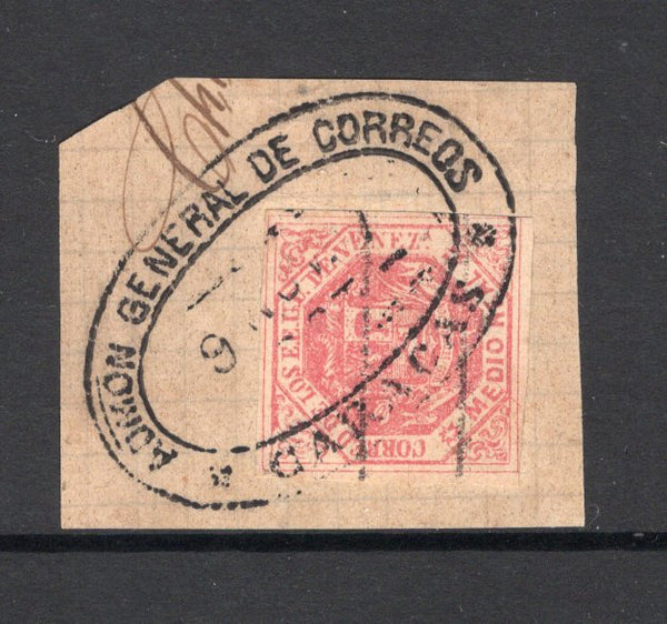 VENEZUELA - 1873 - CLASSIC ISSUES & CANCELLATION: ½r rose pink with 'Estampillas de correo - Contrasena' overprint (Fourth Rasco printing), a fine copy tied on large piece by fine strike of oval ADMON GENERAL DE CORREOS CARACAS cancel in black dated 9 NOV 1877. (SG 81)  (VEN/31485)