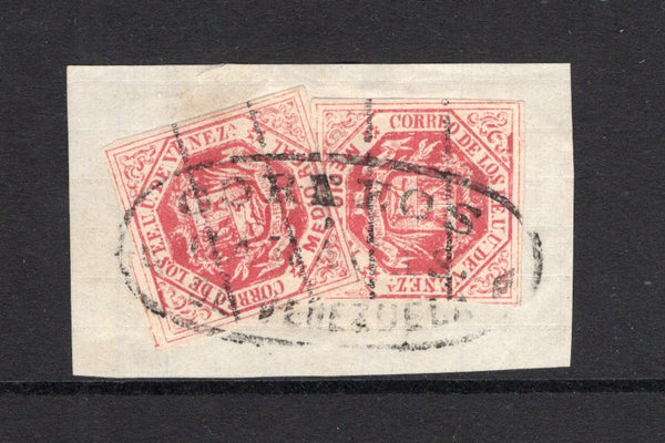 VENEZUELA - 1873 - CLASSIC ISSUES & CANCELLATION: ½r carmine rose with 'Estampillas de correo - Contrasena' overprint inverted (Fourth Rasco printing), two copies tied on piece by light strike of oval CORREOS CARACAS VENEZUELA cancel in black. (SG 81b)  (VEN/31489)