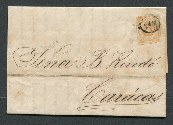 VENEZUELA - 1864 - CLASSIC ISSUES: Complete folded letter from PALMAR, datelined 'Palmar Julio 1o 1864' inside franked with 1863 ½r orange yellow 'Eagle' issue (SG 18) tied by oval 'Cork' cancel in black. Addressed to CARACAS.  (VEN/31706)