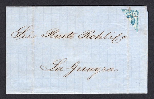 VENEZUELA - 1864 - CLASSIC ISSUES: Complete folded letter from MARACAY, datelined 'Maracay Julio 15 de 1865' inside franked with diagonally BISECTED 1863 1r blue 'Eagle' issue (SG 19b) tied by manuscript 'X' cancel. Addressed to LA GUAIRA. Ironed out filing crease affects stamp but otherwise a rare cover. 2021 Pedro Meri certificate accompanies.  (VEN/31708)
