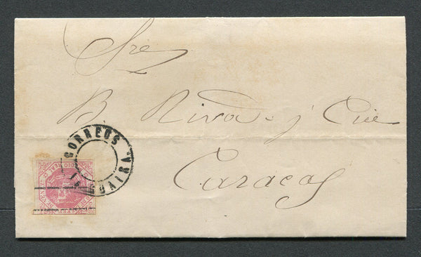 VENEZUELA - 1878 - CLASSIC ISSUES: Complete folded letter franked with 1873 ½r rose pink with 'Estampillas de correo - Contrasena' overprint (SG 81, Fourth Rasco printing) tied by undated CORREOS LA GUAIRA cds. Addressed to CARACAS.  (VEN/31710)