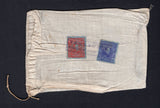 VENEZUELA - 1932 - RATE: Circa 1932. Small linen mailing bag with printed 'MUESTRAS SIN VALOR' on front franked on reverse with 1932 5c violet and 25c scarlet 'Banknote' paper issue (SG 414 & 419) tied by undated boxed 'VENEZUELA PRODUCE EL MEJOR CACAO' cancel in purple. Addressed to HOLLAND. A super and rare item.  (VEN/31726)