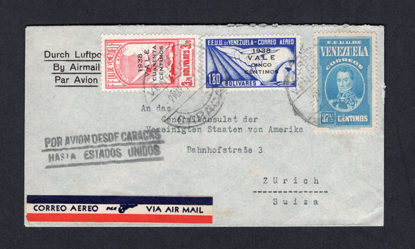 VENEZUELA - 1938 - PROVISIONAL ISSUE: Airmail cover franked with 1938 5c on 1b 80c dark ultramarine and 40c on 3b 70c rose carmine '1938 VALE' overprint issue and 37½c light blue (SG 537, 541 & 546) tied by CARACAS cds's dated 2 MAY 1938 with airmail label and 'POR AVION DESDE CARACAS HASTA ESTADOS UNIDOS' marking in black all on front. Addressed to SWITZERLAND.  (VEN/31729)