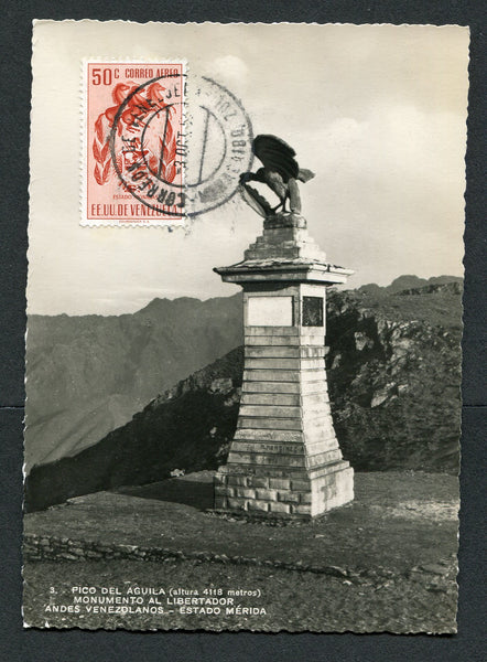 VENEZUELA - 1953 - ARMS ISSUE: Black & white real photographic PPC 'Pico del Aguila, Monumento al Libertador Andes Venezulanos - Estado Merida' franked on picture side with 1953 50c brownish red 'Monagas' airmail ARMS issue (SG 1165) tied by MARACAIBO cds's dated 3 OCT 1953. Addressed to BELGIUM.  (VEN/32939)