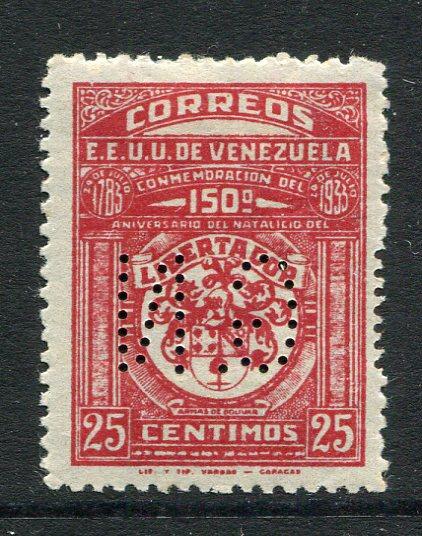 VENEZUELA - 1933 - OFFICIAL ISSUE: 25c carmine '150th Birth Anniversary of Simon Bolivar' Official issue with 'G.N.' PERFIN, a fine mint copy. (SG 450)  (VEN/34328)