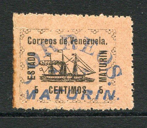 VENEZUELA - 1903 - CIVIL WAR ISSUES - MATURIN: 5c black on pink 'MATURIN' Ship issue with 'CORREOS MATURIN' handstamp in blue. A genuine mint copy with gum. (See note below SG 300).  (VEN/34770)