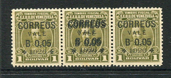 VENEZUELA - 1926 - VARIETY: 5c on 1b olive surcharge on REVENUE issue, a fine unused strip of three with variety OPT DOUBLE on centre stamp. (SG 392 & 392b)  (VEN/34771)