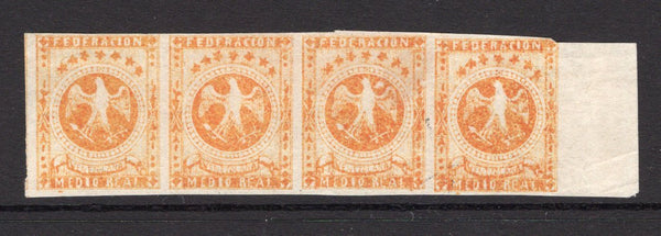 VENEZUELA - 1865 - FORGERY: ½r orange 'Eagle' issue POSTAL FORGERY, a fine unused side marginal strip of four. These were produced to defraud the Venezuelan Post Office. (As SG 21)  (VEN/34805)
