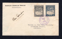 VENEZUELA - 1930 - FIRST FLIGHT: Headed 'AMERICAN CONSULAR SERVICE, Maracaibo' cover franked with 1930 15c grey & 1b slate blue AIR issue (SG 397 & 401) tied by MARACAIBO cds dated MAY 7 1930 with manuscript 'Par Avion' alongside. Flown on the PAA First Flight MARACAIBO - WILLEMSTAD CURACAO, addressed to the American Consul in Curacao with arrival cds on reverse. (Muller #17)  (VEN/3784)