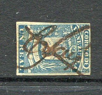 VENEZUELA - 1859 - CLASSIC ISSUES: 1r blue 'First' issue, fine impression a fine used copy with neat EL COCUY manuscript cancel. Four good to tight margins. Scarce. (SG 2)  (VEN/3828)