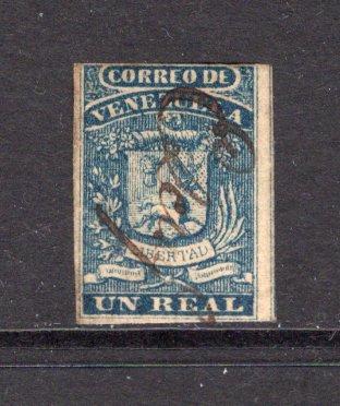 VENEZUELA - 1859 - CLASSIC ISSUES: 1r blue 'First' issue, fine impression a fine used copy with neat EL COCUY manuscript cancel. Three good margins, tight at top. Scarce. (SG 2)  (VEN/3831)