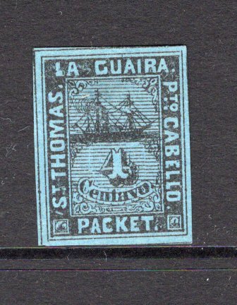 VENEZUELA - 1864 - LA GUAIRA LOCAL ISSUES: 4c black on blue LA GUAIRA 'Ship' issue, type A (lines behind value), a fine unused copy with four large margins. (SG 5)  (VEN/38403)