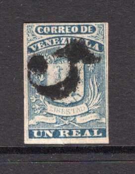 VENEZUELA - 1859 - CLASSIC ISSUES: 1r blue 'First' issue, coarse impression a fine used copy with fine complete strike of '5' rate marking in black. Four margins. (SG 8)  (VEN/38404)