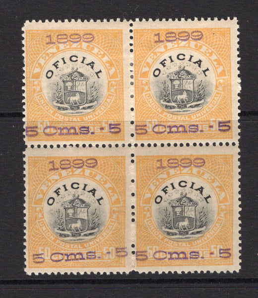 VENEZUELA - 1899 - OFFICIAL ISSUE & MULTIPLE: 5c on 50c black & yellow 'Official' SURCHARGE issue with overprint in violet, a fine mint block of four. (SG O187B)  (VEN/38405)
