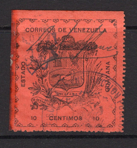VENEZUELA - 1903 - CIVIL WAR ISSUES - GUAYANA: 10c black on orange GUAYANA 'Large' type with fancy control overprint in corner, signature and large part 'FISCALIA DE INSTRUCCION PUBLICA ESTADO GUAYANA' control mark in blue. A good mint copy with gum. Scarce. (SG 256)  (VEN/38407)