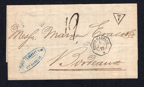 VENEZUELA - 1877 - TRANSATLANTIC MAIL & MARITIME: Cover with oval 'MARTI ALEGRETT & Co. PTO CABELLO' company handstamp in blue on front with fine strike of octagonal 'PORTO-CABELLO' French maritime cds dated 5 JAN 1877. Addressed to FRANCE with small 'T' in triangle TAX marking, rated '19' decimes on arrival with partial strike of LIGNE A PAQ FR No.3 cds on reverse along with BORDEAUX arrival cds. A fine cover.  (VEN/38409)