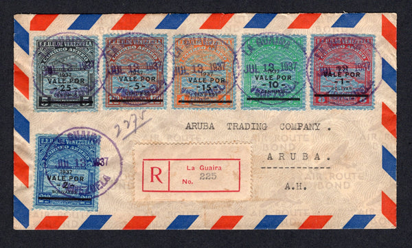 VENEZUELA - 1937 - AIRMAIL ISSUE & DESTINATION: Registered airmail cover franked with the 1937 AIRMAIL 'Surcharge' issue set of six (SG 455/460) tied by LA GUAIRA cds's dated JUL 13 1937 with printed red on white 'La Guaira' registration label alongside. Addressed to ARUBA with arrival cds on reverse. Very attractive.  (VEN/38411)