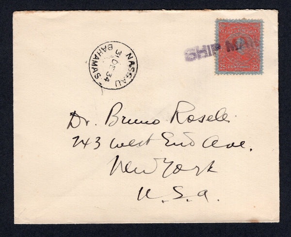 VENEZUELA - 1934 - MARITIME: Cover with 'Cunard White Star' FLAG imprint on flap franked with 1932 25c scarlet on Banknote paper (SG 419) tied by fine strike of straight line 'SHIP MAIL' marking in purple with fine NASSAU BAHAMAS cds dated 31 DEC 1934 alongside. Addressed to USA.  (VEN/38412)