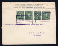 VENEZUELA - 1929 - MARITIME & ISLAND MAIL: Cover with printed 'Chibly Abouhamad & Hijos Sucs, PORLAMAR (MARGARITA)' company imprint on flap and 'Royal Netherlands Steamship Co' imprint on front (Porlamar was the main town on the island of Margarita) franked with strip of four 1924 10c green (SG 380) tied by two superb strikes of boxed 'K.N.S.M. S.S. COTTICA' ship marking in purple dated 19 NOV 1929. Addressed to HOLLAND.  (VEN/38415)