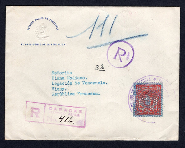 VENEZUELA - 1941 - OFFICIAL MAIL: Printed 'ESTADOS UNIDOS DE VENEZUELA EL PRESIDENTE DE LA REPUBLICA' registered official cover franked with 1932 25c scarlet on Banknote paper issue with 'G.N.' official PERFIN (SG 419) tied by official 'Arms' cachet, 'R' in circle marking and boxed 'CARACAS (SERVICIO AEREO)' registration marking all in purple on front. Addressed to FRANCE with transit and arrival marks on reverse.  (VEN/38416)